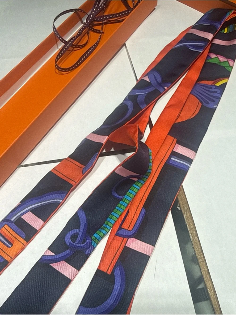 HERMES Twillon Scarf Silk Navy/Orange Original Box Great Gift